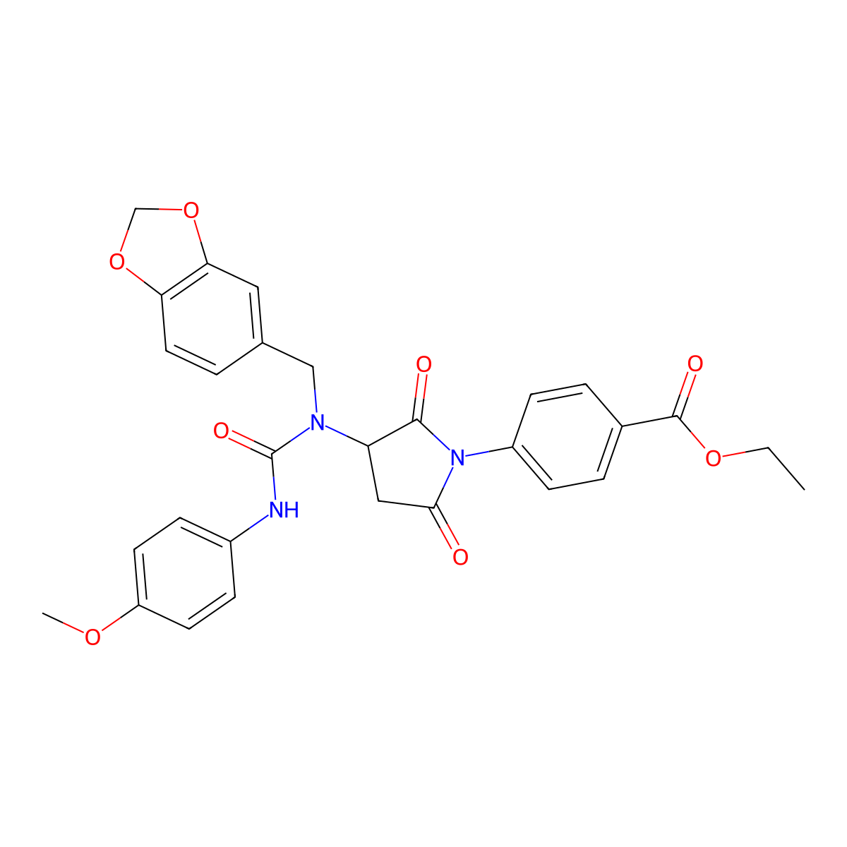 Ethyl 4-(3-{(1,3-benzodioxol-5-ylmethyl)[(4-methoxyphenyl)carbamoyl]amino}-2,5-dioxopyrrolidin-1-yl)benzoate molecular structure, CAS 1022918-58-6