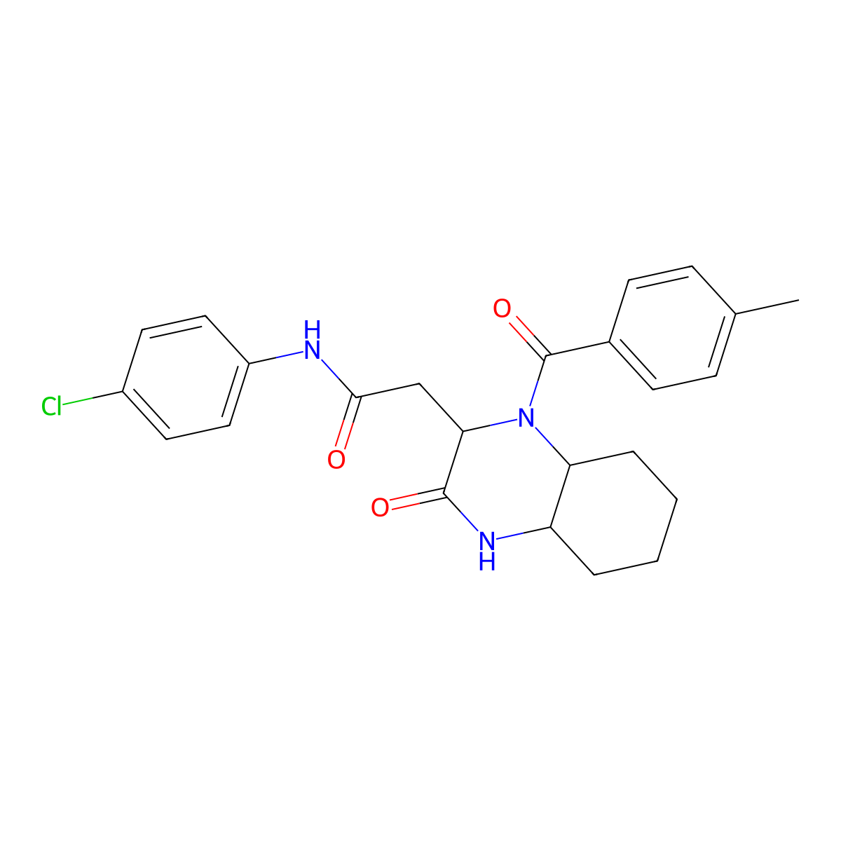 N-(4-chlorophenyl)-2-[1-(4-methylbenzoyl)-3-oxodecahydro-2-quinoxalinyl]acetamide molecular structure, CAS 1022918-59-7