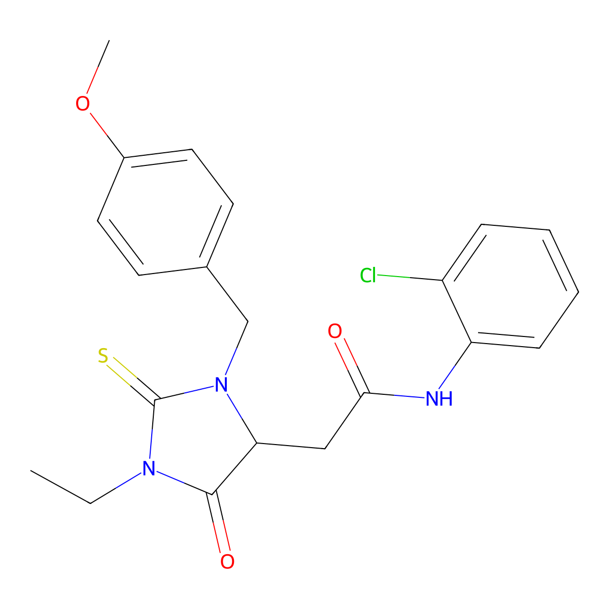 N-(2-chlorophenyl)-2-[1-ethyl-3-(4-methoxybenzyl)-5-oxo-2-thioxoimidazolidin-4-yl]acetamide molecular structure, CAS 1022918-66-6
