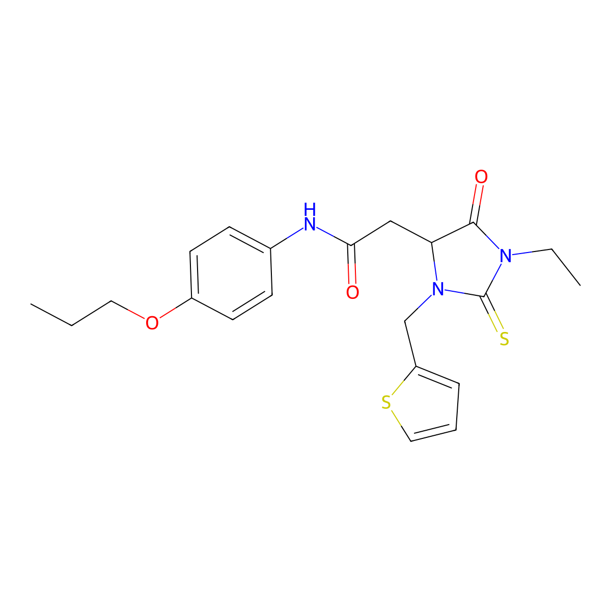 2-[1-ethyl-5-oxo-2-sulfanylidene-3-(thiophen-2-ylmethyl)imidazolidin-4-yl]-N-(4-propoxyphenyl)acetamide molecular structure, CAS 1022918-68-8