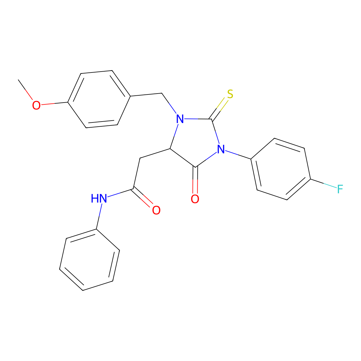 2-[1-(4-fluorophenyl)-3-(4-methoxybenzyl)-5-oxo-2-thioxoimidazolidin-4-yl]-N-phenylacetamide molecular structure, CAS 1022918-74-6