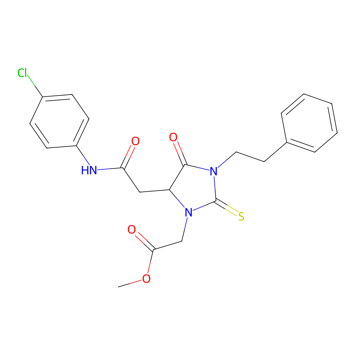 Methyl [5-{2-[(4-chlorophenyl)amino]-2-oxoethyl}-4-oxo-3-(2-phenylethyl)-2-thioxoimidazolidin-1-yl]acetate molecular structure, CAS 1022919-60-3