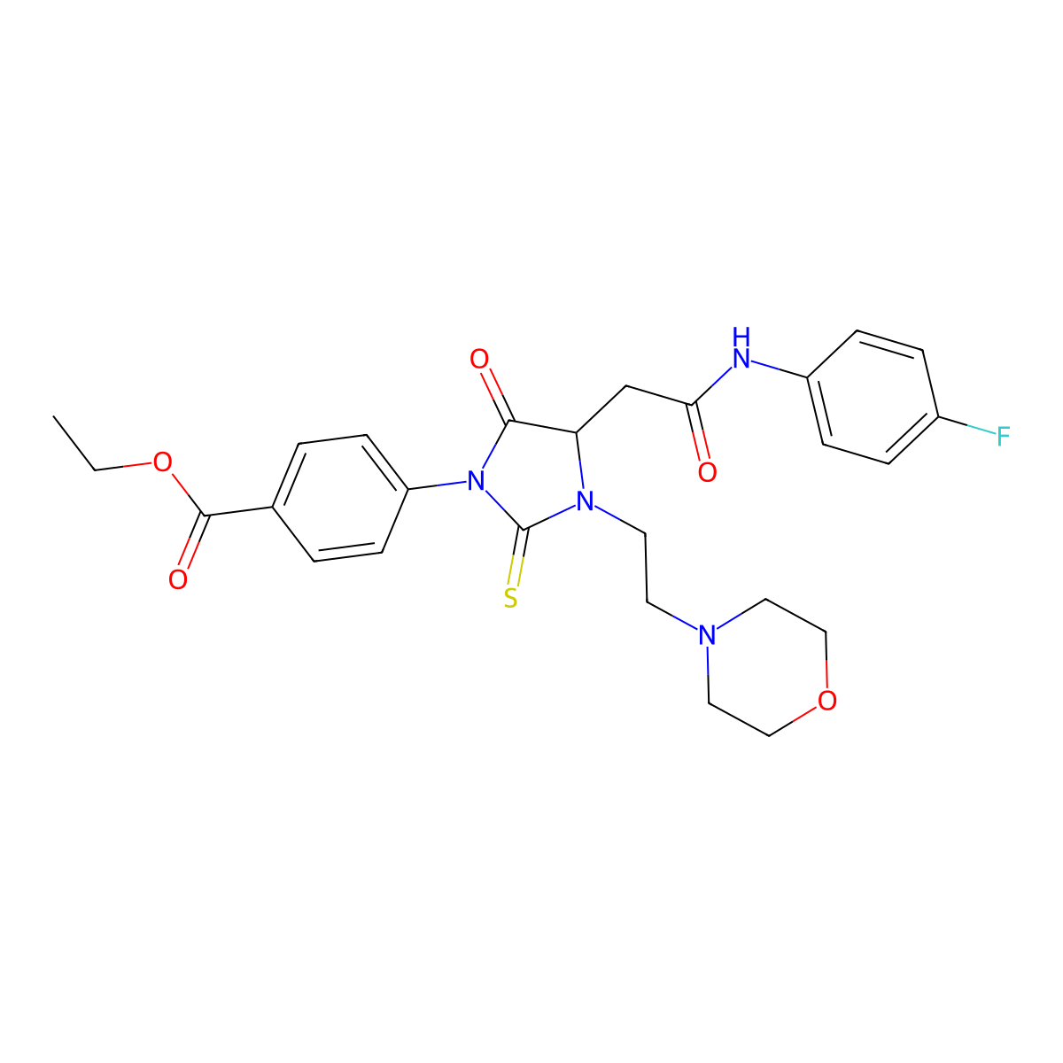 Ethyl 4-[4-[2-(4-fluoroanilino)-2-oxoethyl]-3-(2-morpholin-4-ylethyl)-5-oxo-2-sulfanylideneimidazolidin-1-yl]benzoate molecular structure, CAS 1022919-64-7