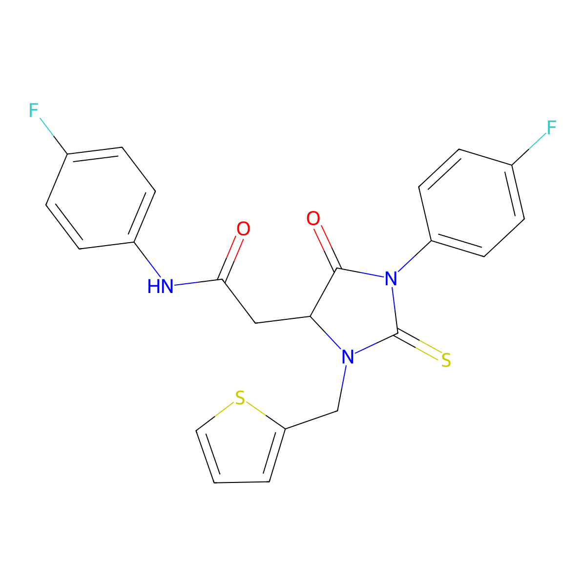 N-(4-fluorophenyl)-2-[1-(4-fluorophenyl)-5-oxo-2-sulfanylidene-3-(thiophen-2-ylmethyl)imidazolidin-4-yl]acetamide molecular structure, CAS 1022919-67-0