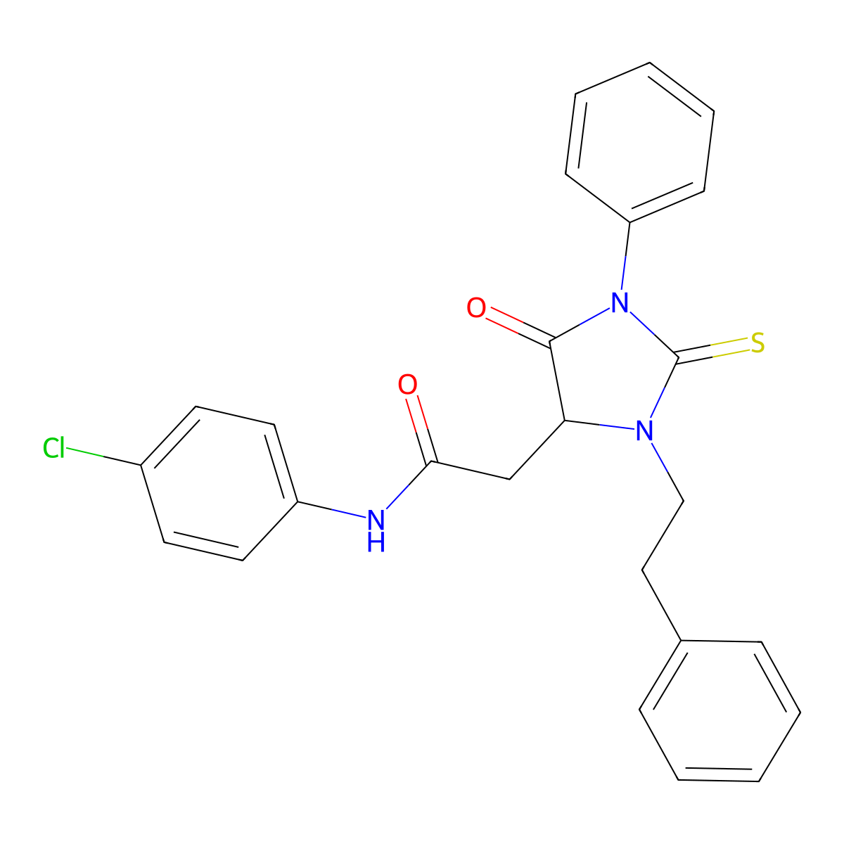 N-(4-Chlorophenyl)-5-oxo-1-phenyl-3-(2-phenylethyl)-2-thioxo-4-imidazolidineacetamide molecular structure, CAS 1022919-87-4