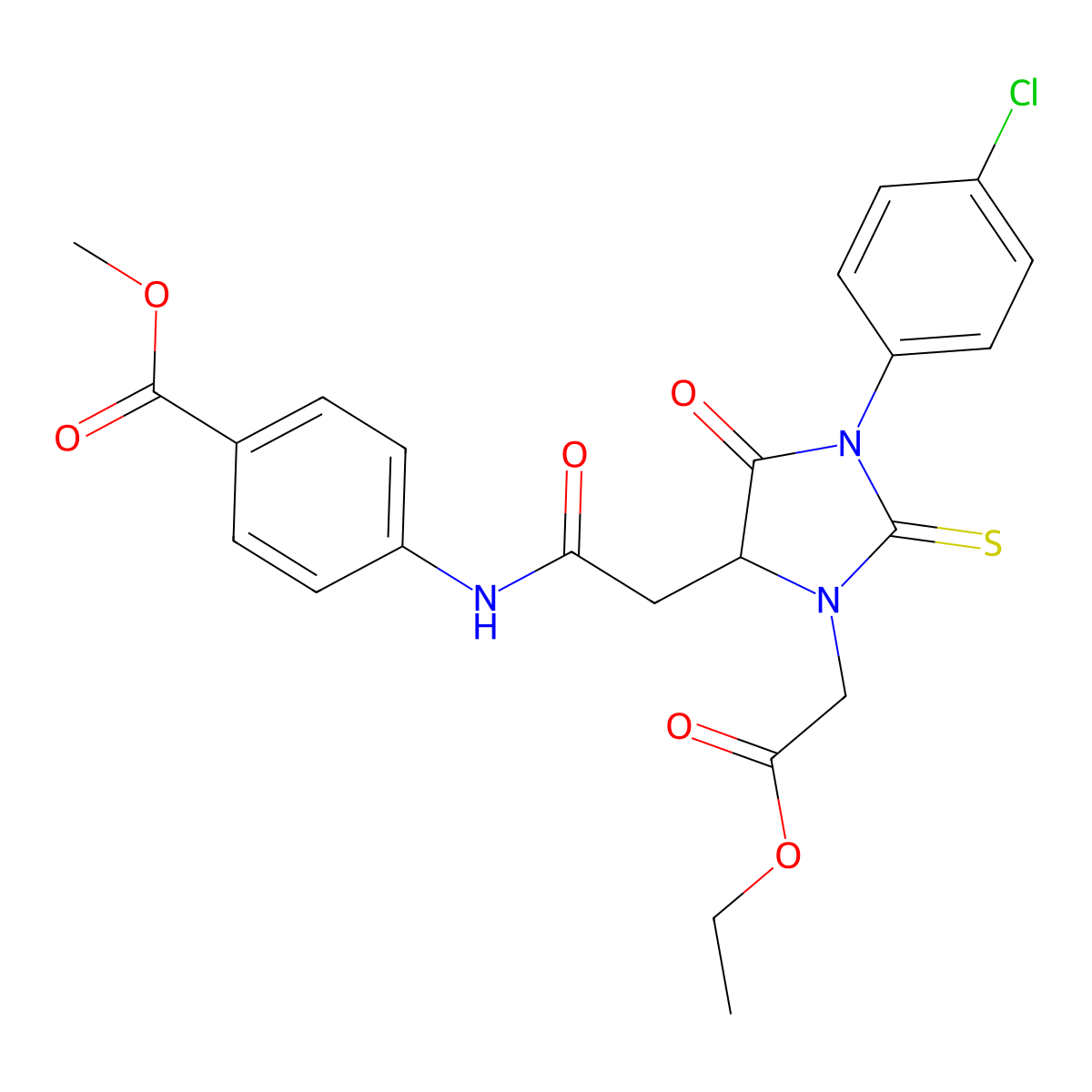 Methyl 4-({[1-(4-chlorophenyl)-3-(2-ethoxy-2-oxoethyl)-5-oxo-2-thioxoimidazolidin-4-yl]acetyl}amino)benzoate molecular structure, CAS 1022922-31-1