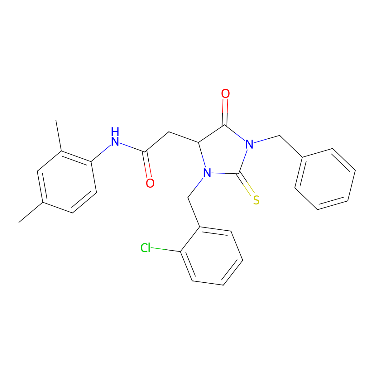 2-[1-benzyl-3-(2-chlorobenzyl)-5-oxo-2-thioxoimidazolidin-4-yl]-N-(2,4-dimethylphenyl)acetamide molecular structure, CAS 1022923-46-1