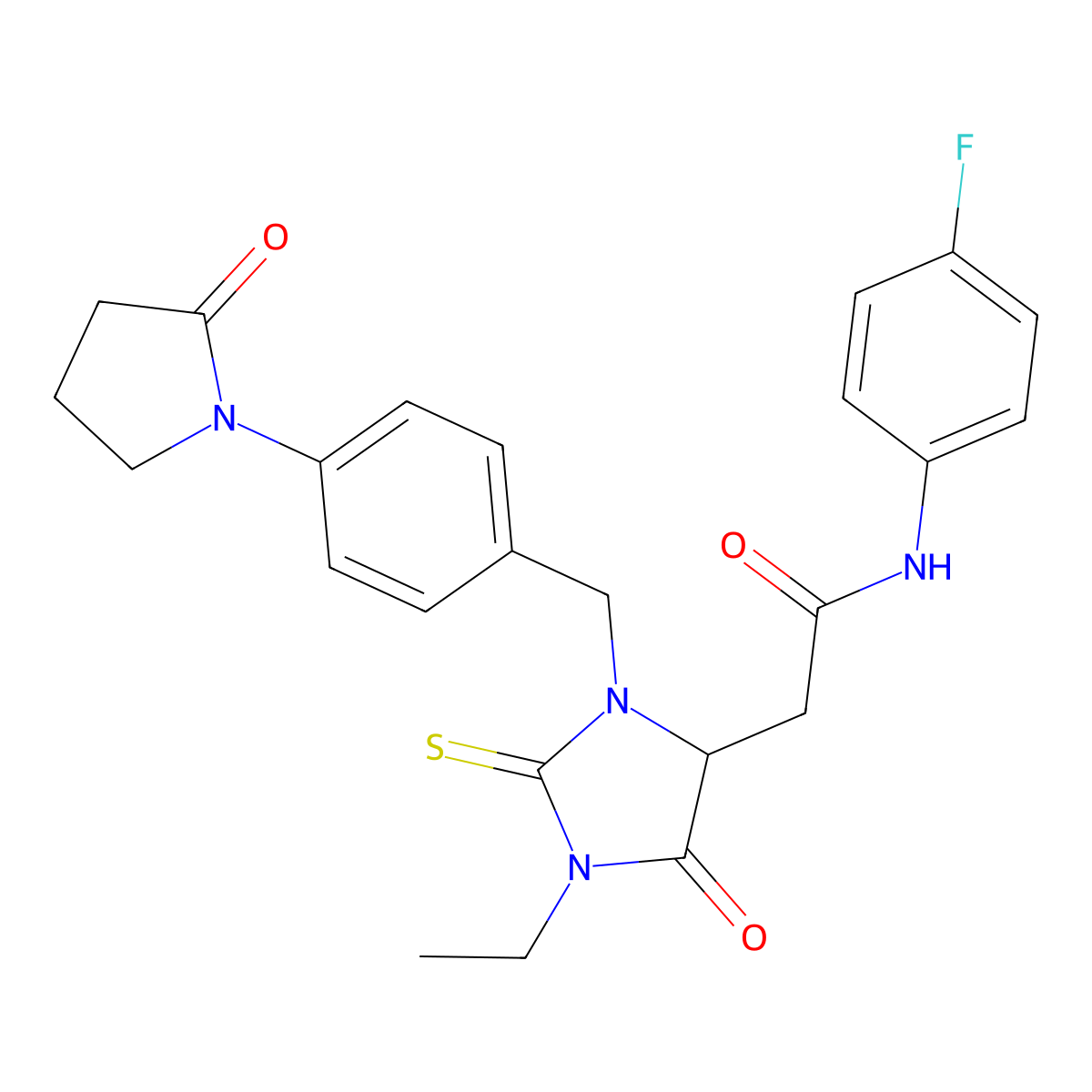 2-[1-ethyl-5-oxo-3-[[4-(2-oxopyrrolidin-1-yl)phenyl]methyl]-2-sulfanylideneimidazolidin-4-yl]-N-(4-fluorophenyl)acetamide molecular structure, CAS 1022925-02-5