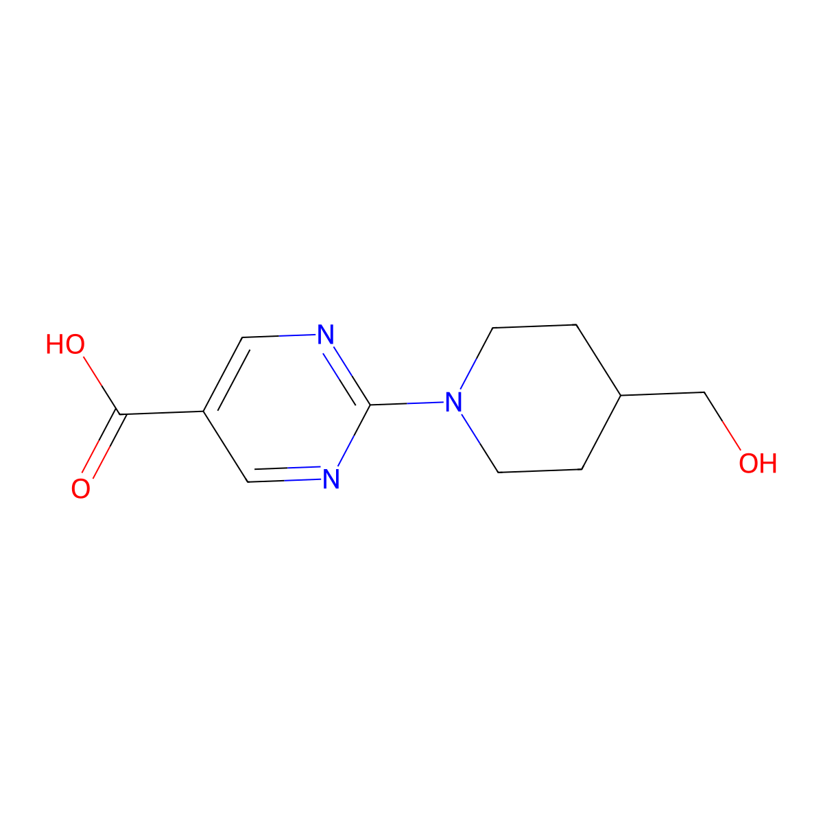 2-(4-(Hydroxymethyl)piperidin-1-yl)pyrimidine-5-carboxylic acid molecular structure, CAS 1022927-90-7