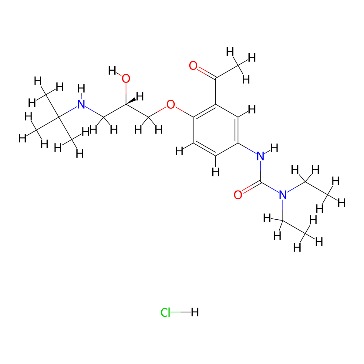 Urea, N'-(3-acetyl-4-(3-((1,1-dimethylethyl)amino)-2-hydroxypropoxy)phenyl)-N,N-diethyl-, monohydrochloride, (S)- molecular structure, CAS 102293-39-0