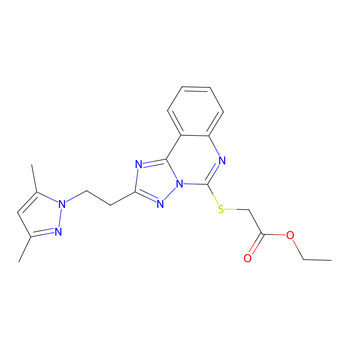 Ethyl 2-[[2-[2-(3,5-dimethylpyrazol-1-yl)ethyl]-[1,2,4]triazolo[1,5-c]quinazolin-5-yl]sulfanyl]acetate molecular structure, CAS 1023363-24-7