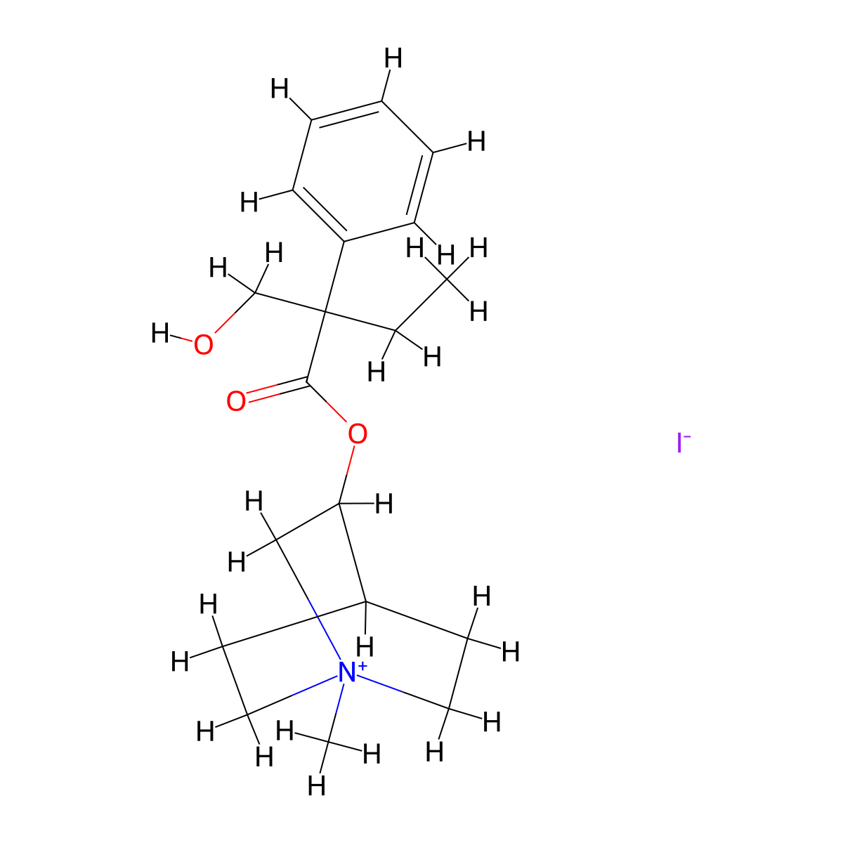 Quinuclidinium, 3-hydroxy-1-methyl-, iodide, 2-hydroxymethyl-2-phenyl butyrate (ester) molecular structure, CAS 102338-74-9