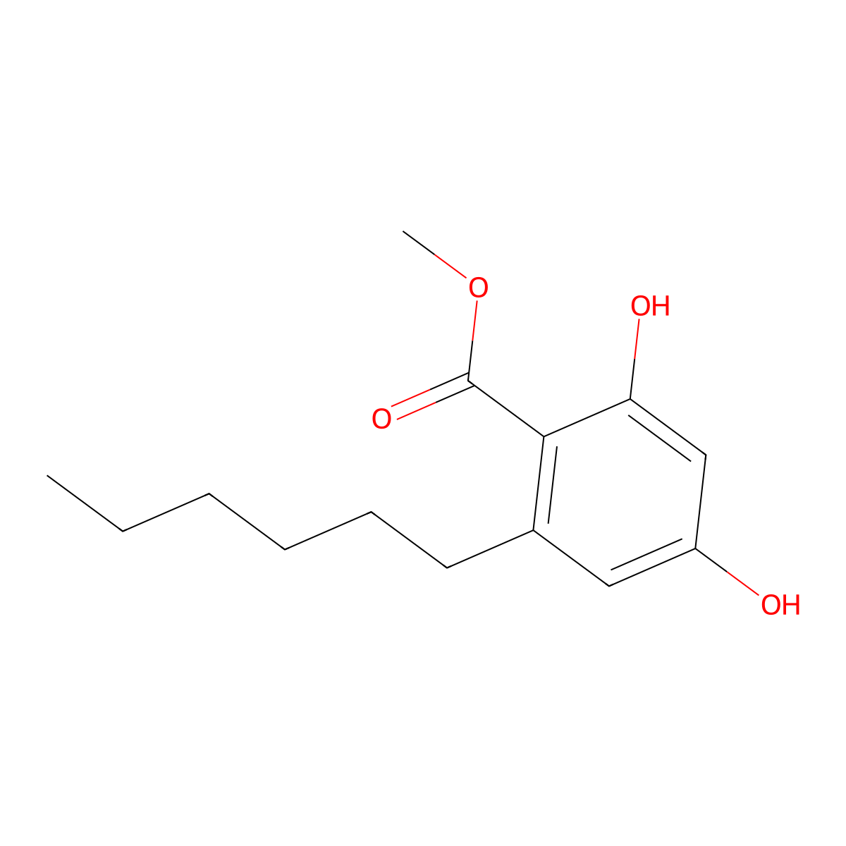 Benzoic acid, 2-hexyl-4,6-dihydroxy-, methyl ester molecular structure, CAS 102342-63-2