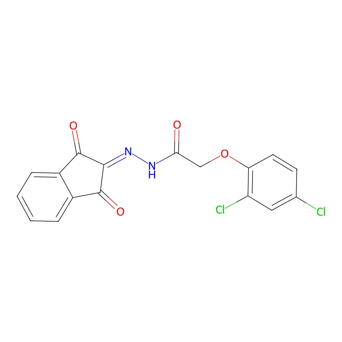 2-(2,4-dichlorophenoxy)-N-[(1,3-dioxoinden-2-ylidene)amino]acetamide molecular structure, CAS 1023485-43-9