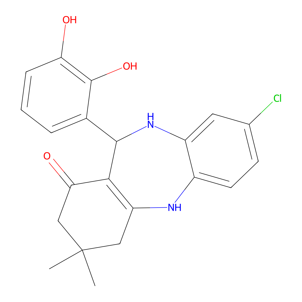 3-chloro-6-(2,3-dihydroxyphenyl)-9,9-dimethyl-6,8,10,11-tetrahydro-5H-benzo[b][1,4]benzodiazepin-7-one molecular structure, CAS 1023497-45-1