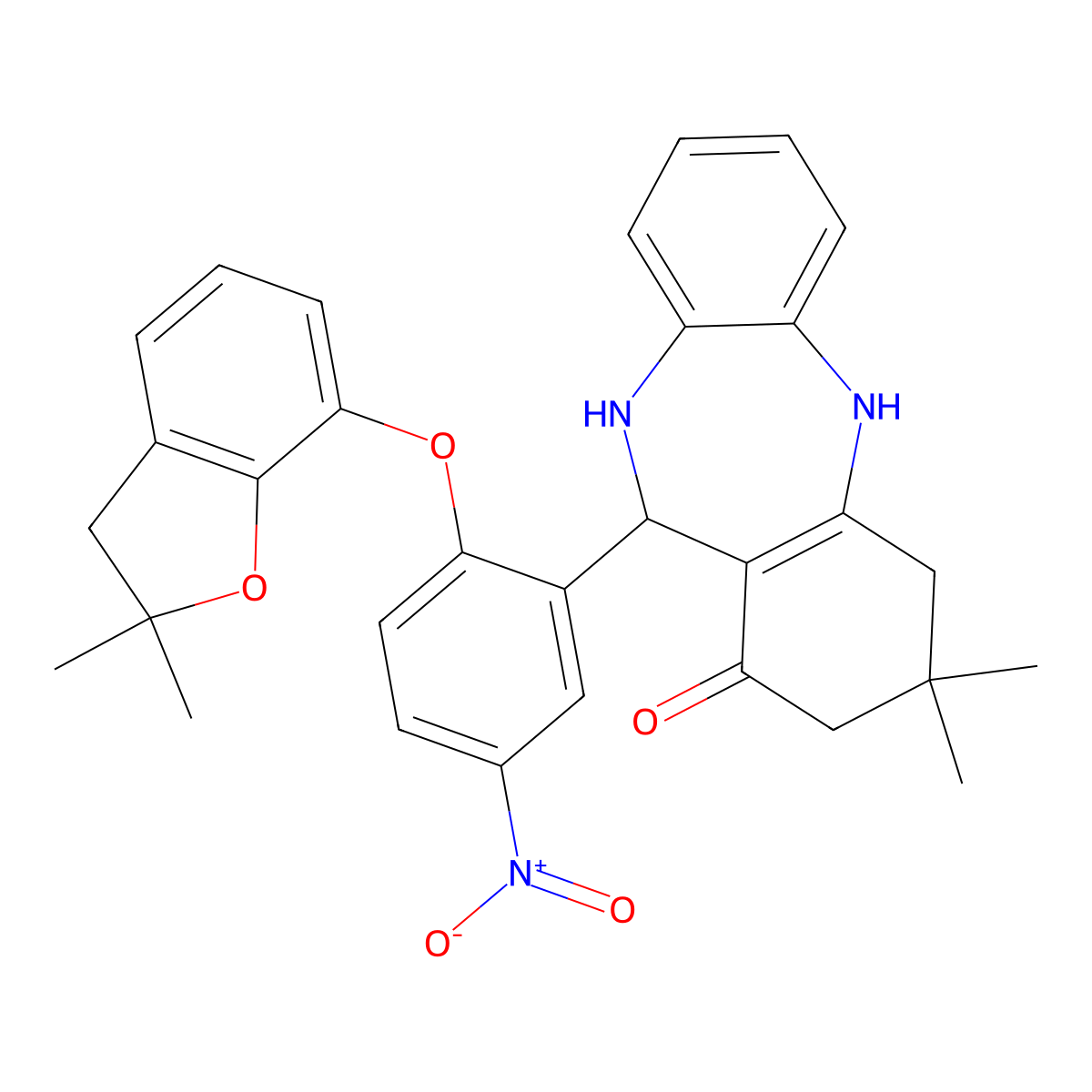 6-[2-[(2,2-dimethyl-3H-1-benzofuran-7-yl)oxy]-5-nitrophenyl]-9,9-dimethyl-6,8,10,11-tetrahydro-5H-benzo[b][1,4]benzodiazepin-7-one molecular structure, CAS 1023515-06-1