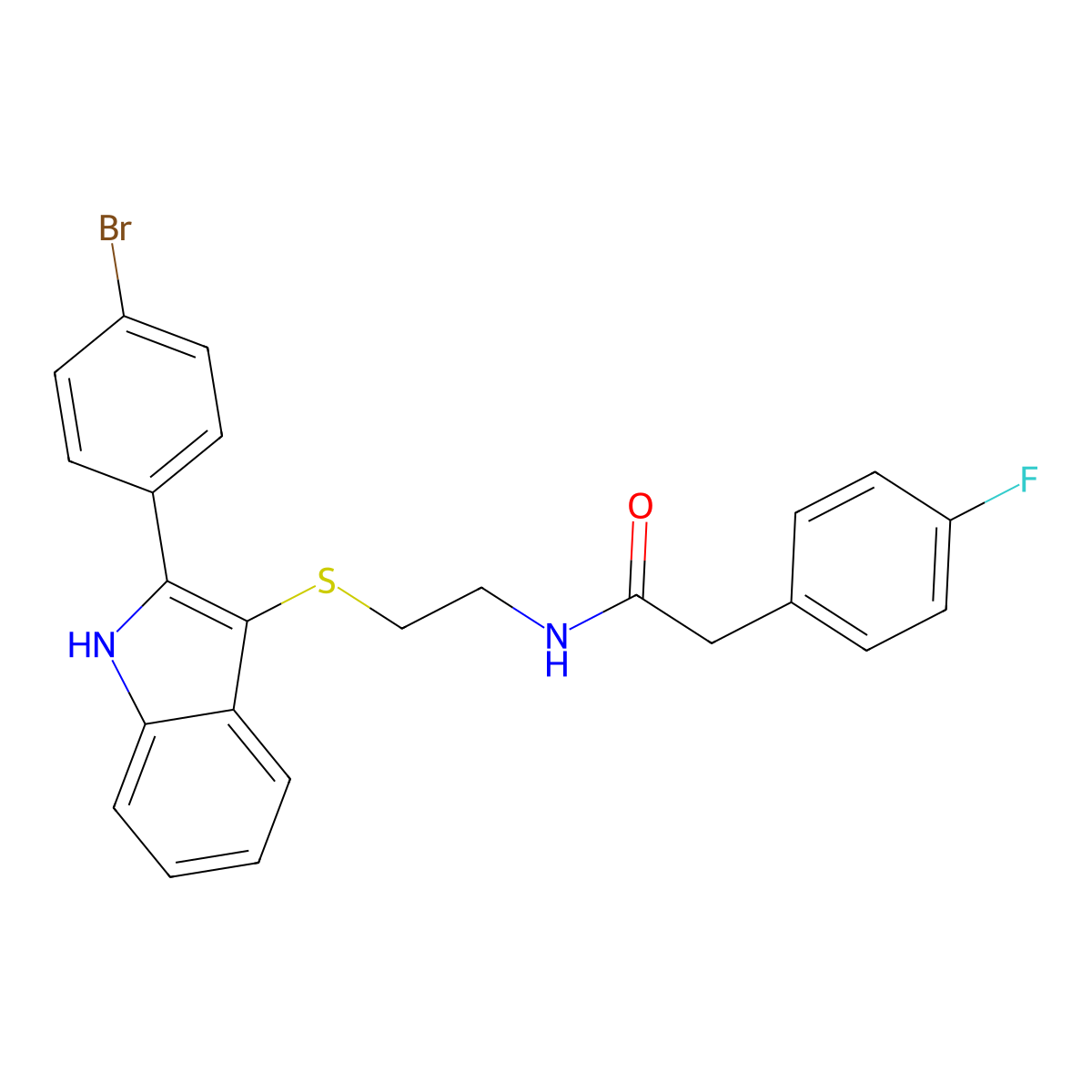 N-[2-[[2-(4-bromophenyl)-1H-indol-3-yl]sulfanyl]ethyl]-2-(4-fluorophenyl)acetamide molecular structure, CAS 1023519-51-8