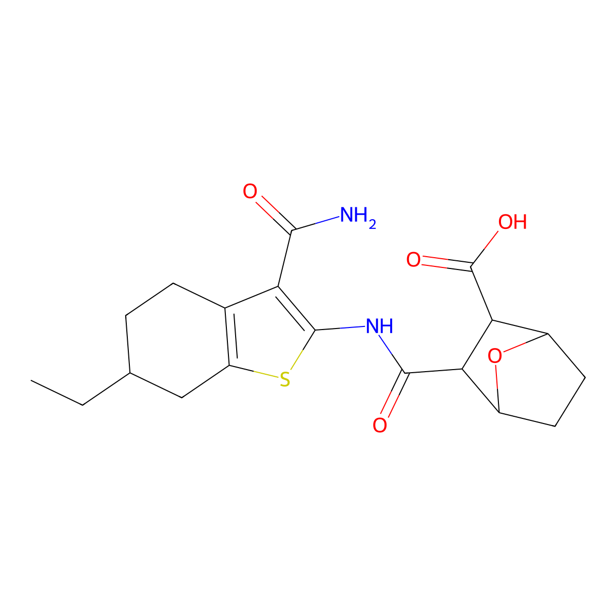 2-[(3-Carbamoyl-6-ethyl-4,5,6,7-tetrahydro-1-benzothiophen-2-yl)carbamoyl]-7-oxabicyclo[2.2.1]heptane-3-carboxylic acid molecular structure, CAS 1023523-36-5