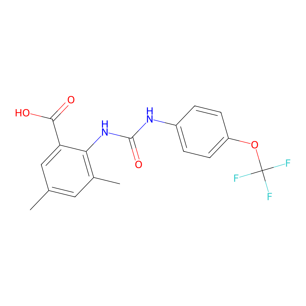 3,5-Dimethyl-2-(((4-(trifluoromethoxy)phenyl)amino)carbonylamino)benzoic acid molecular structure, CAS 1023524-41-5