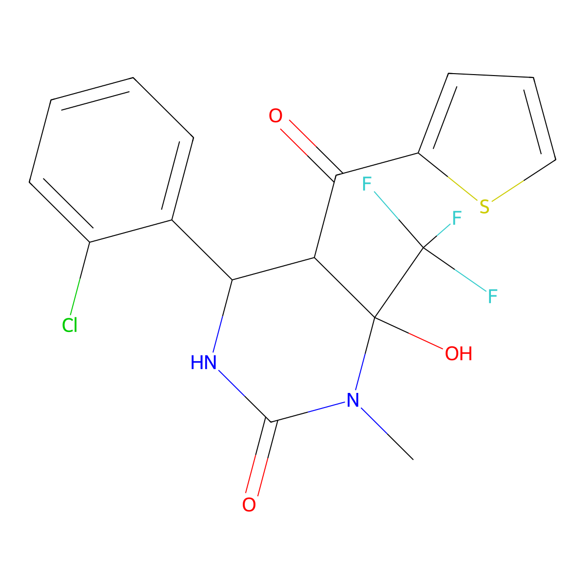 4-(2-Chlorophenyl)-6-hydroxy-1-methyl-5-(thiophene-2-carbonyl)-6-(trifluoromethyl)-1,3-diazinan-2-one molecular structure, CAS 1023527-27-6