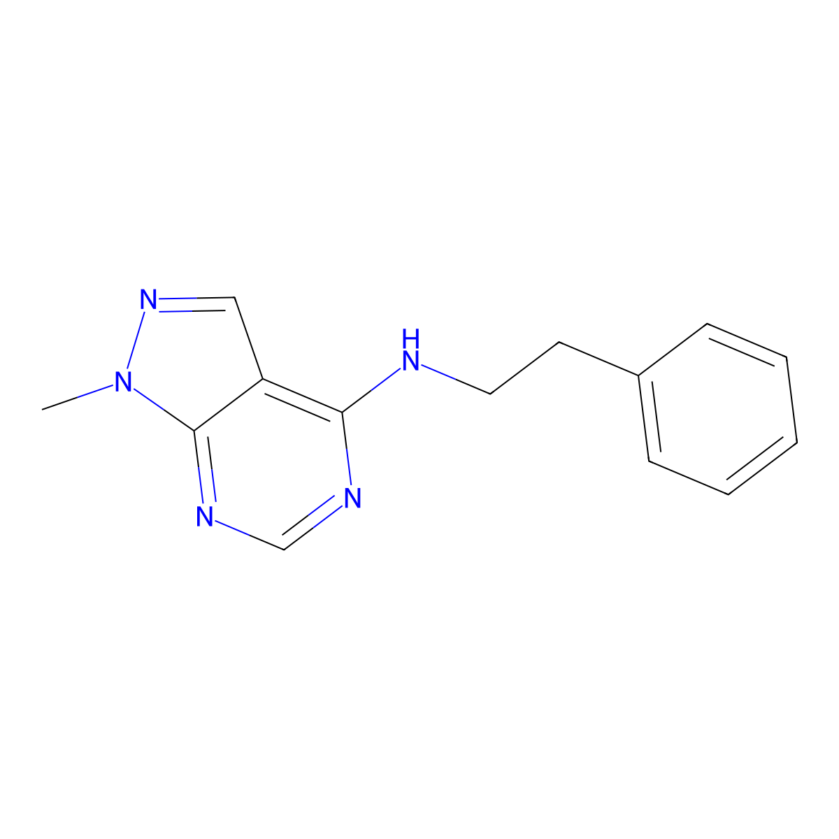 1-methyl-N-(2-phenylethyl)-1H-pyrazolo[3,4-d]pyrimidin-4-amine molecular structure, CAS 102353-77-5