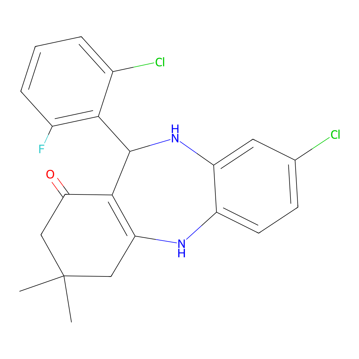 3-chloro-6-(2-chloro-6-fluorophenyl)-9,9-dimethyl-6,8,10,11-tetrahydro-5H-benzo[b][1,4]benzodiazepin-7-one molecular structure, CAS 1023540-34-2