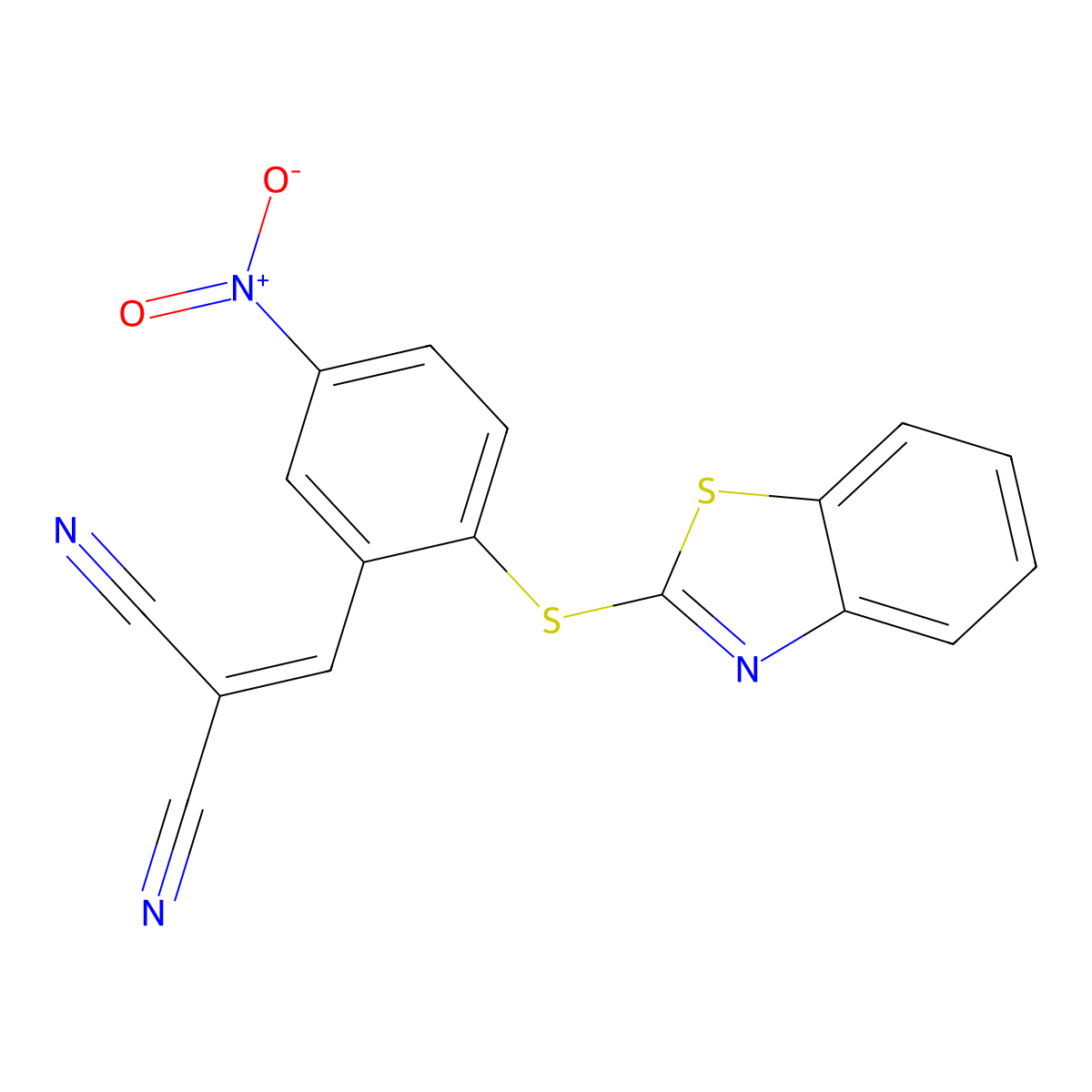 ((2-Benzothiazol-2-ylthio-5-nitrophenyl)methylene)methane-1,1-dicarbonitrile molecular structure, CAS 1023558-35-1