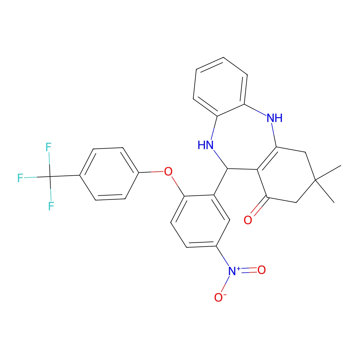 9,9-dimethyl-6-[5-nitro-2-[4-(trifluoromethyl)phenoxy]phenyl]-6,8,10,11-tetrahydro-5H-benzo[b][1,4]benzodiazepin-7-one molecular structure, CAS 1023562-11-9