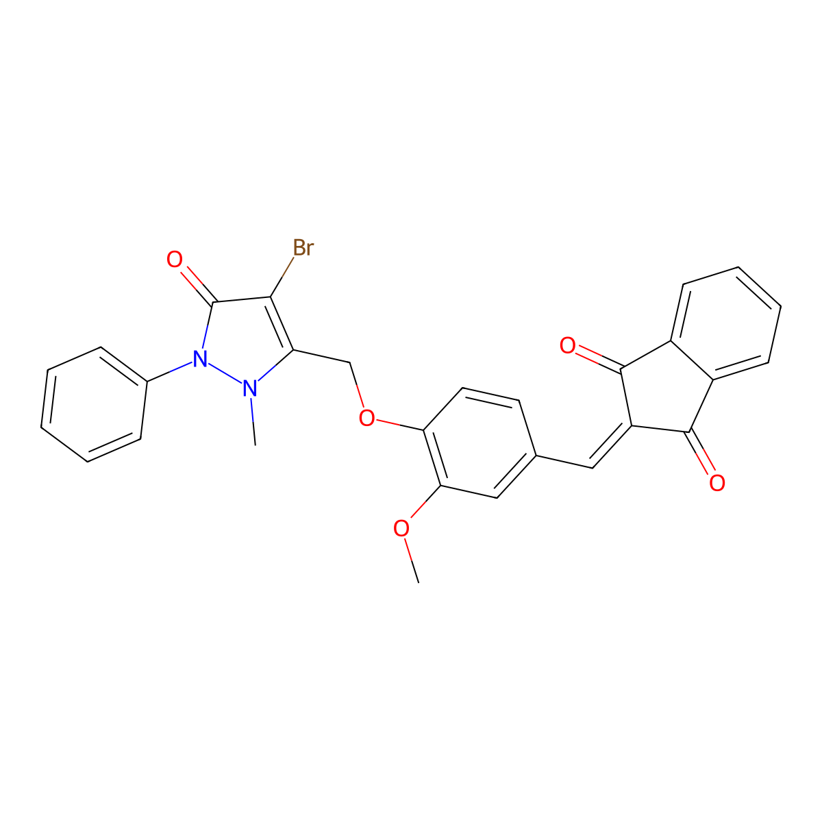 2-({4-[(4-bromo-2-methyl-5-oxo-1-phenyl-2,5-dihydro-1H-pyrazol-3-yl)methoxy]-3-methoxyphenyl}methylene)-1H-indene-1,3(2H)-dione molecular structure, CAS 1023576-75-1