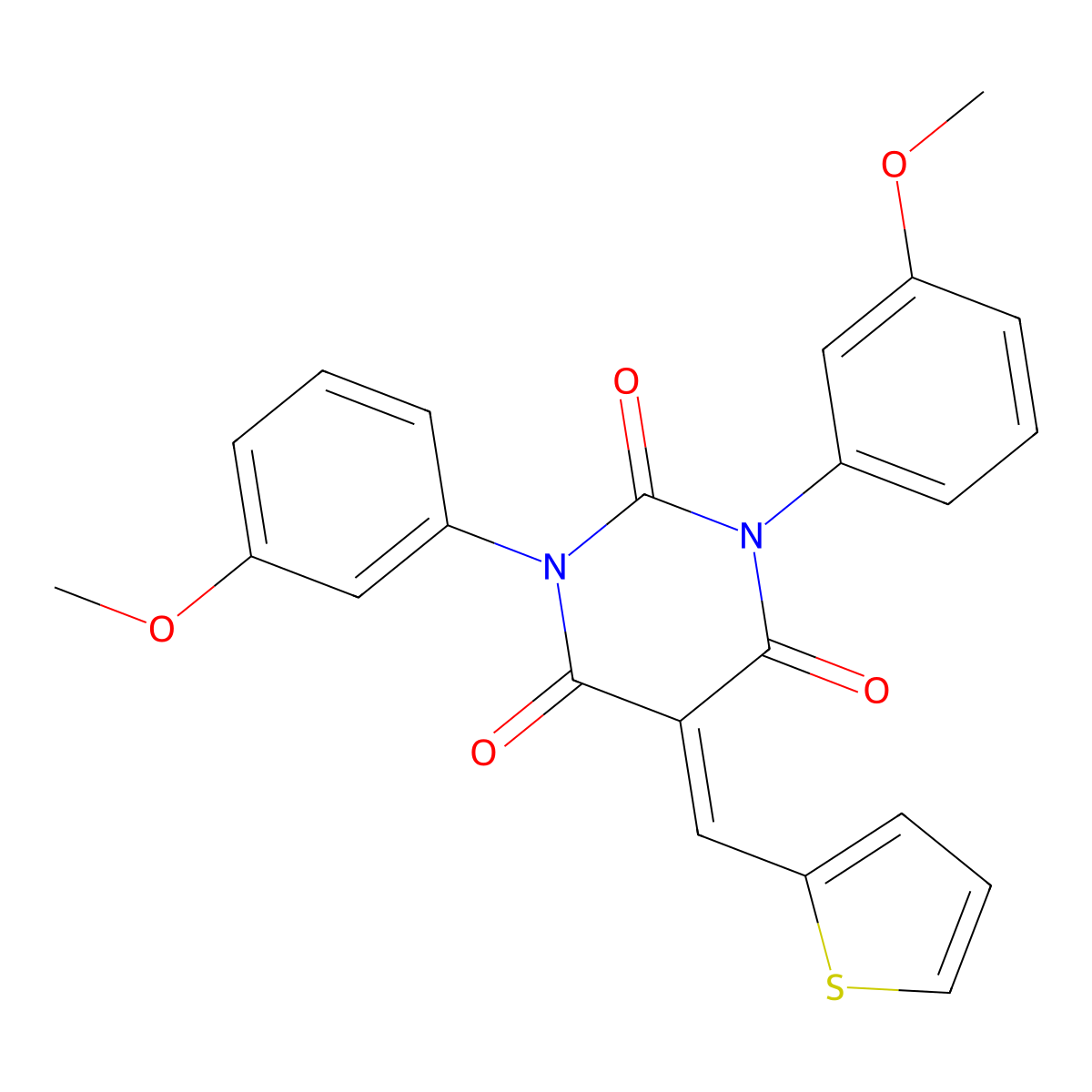 1,3-Bis(3-methoxyphenyl)-5-(thiophen-2-ylmethylidene)-1,3-diazinane-2,4,6-trione molecular structure, CAS 1023798-44-8