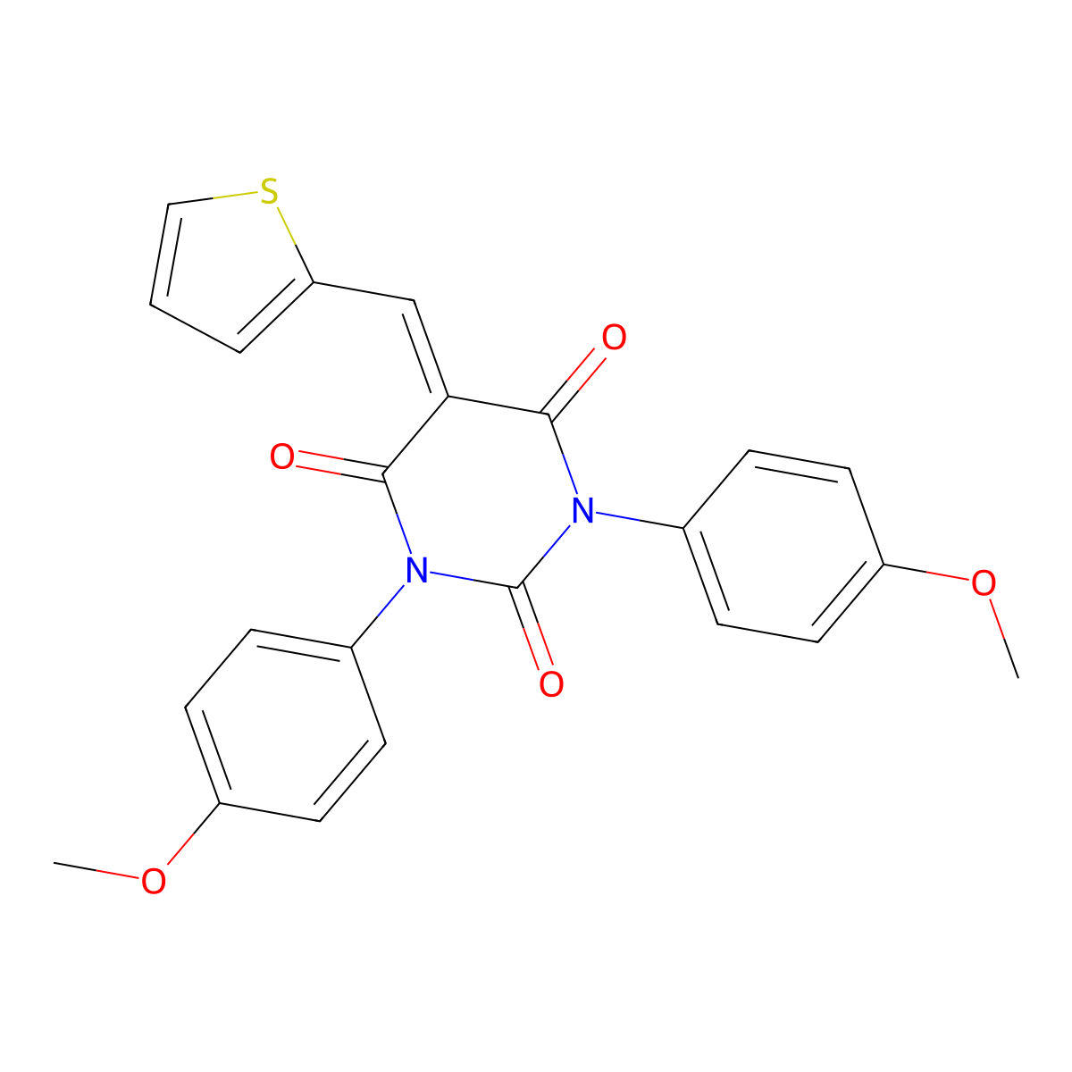 1,3-Bis(4-methoxyphenyl)-5-(thiophen-2-ylmethylidene)-1,3-diazinane-2,4,6-trione molecular structure, CAS 1023798-45-9