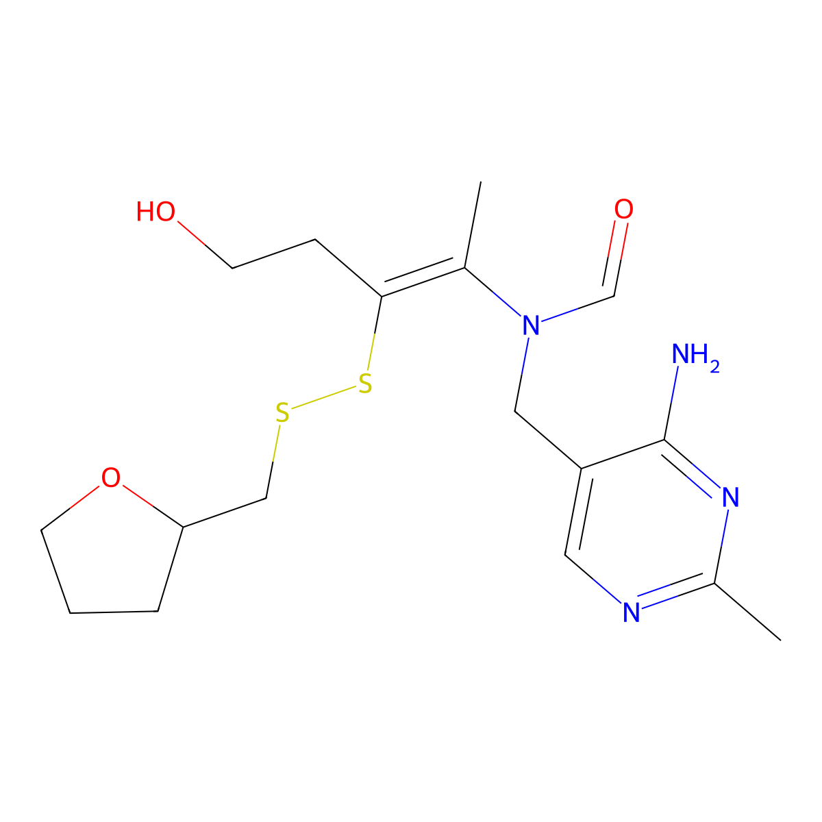 N-[(4-amino-2-methyl-5-pyrimidinyl)methyl]-N-[5-hydroxy-3-(2-oxolanylmethyldisulfanyl)pent-2-en-2-yl]formamide molecular structure, CAS 10238-39-8