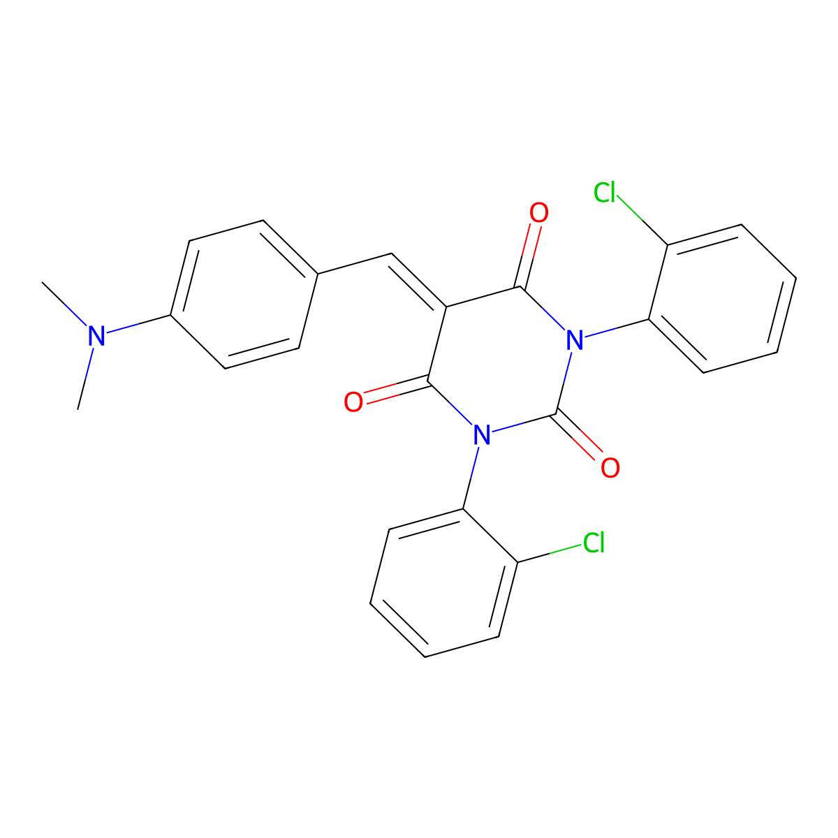 1,3-Bis(2-chlorophenyl)-5-((4-(dimethylamino)phenyl)methylene)-1,3-diazaperhydroine-2,4,6-trione molecular structure, CAS 1023856-94-1