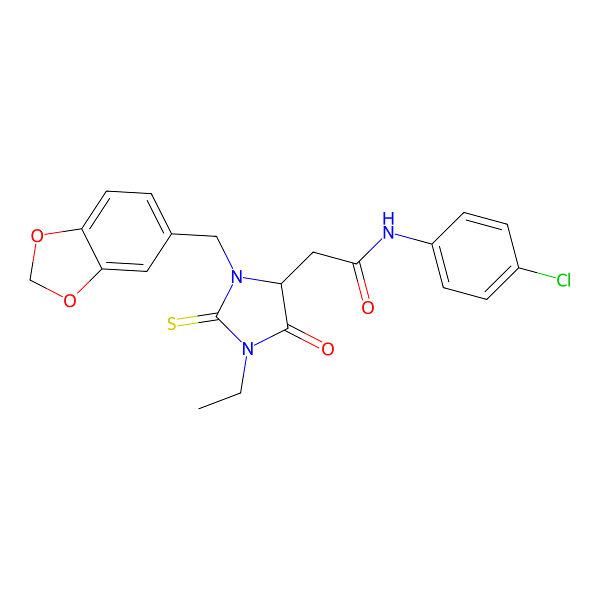 2-[3-(1,3-benzodioxol-5-ylmethyl)-1-ethyl-5-oxo-2-thioxoimidazolidin-4-yl]-N-(4-chlorophenyl)acetamide molecular structure, CAS 1023911-84-3