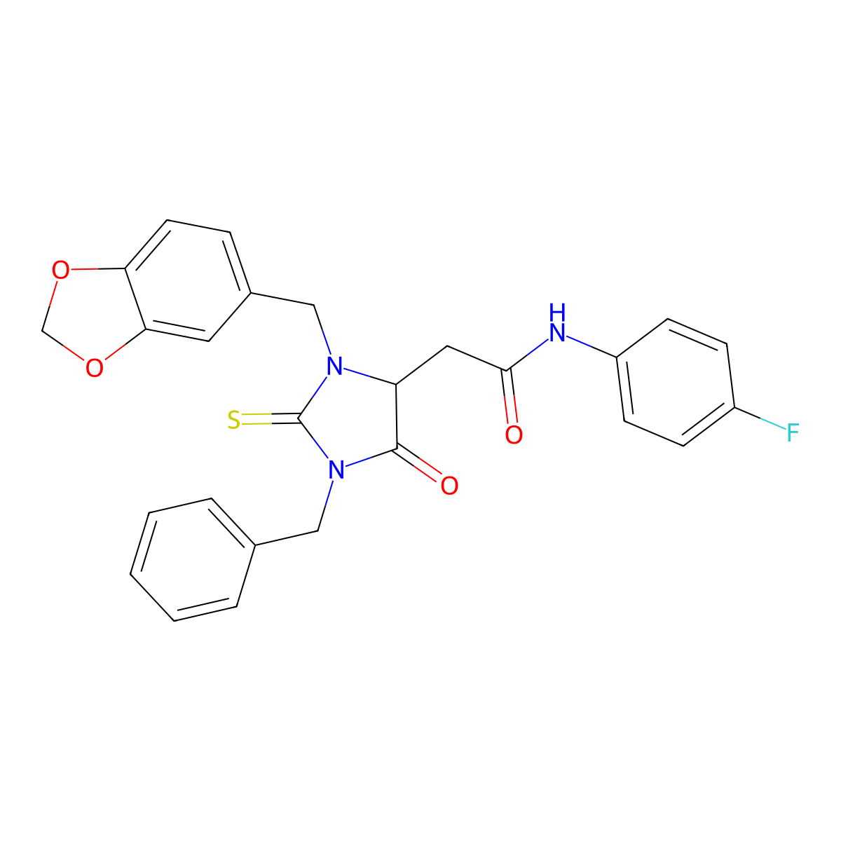 2-[3-(1,3-benzodioxol-5-ylmethyl)-1-benzyl-5-oxo-2-sulfanylideneimidazolidin-4-yl]-N-(4-fluorophenyl)acetamide molecular structure, CAS 1023911-86-5