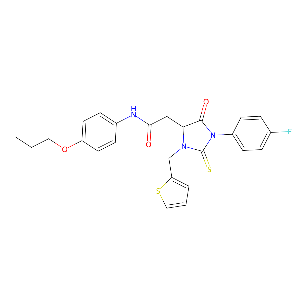 2-[1-(4-fluorophenyl)-5-oxo-2-sulfanylidene-3-(thiophen-2-ylmethyl)imidazolidin-4-yl]-N-(4-propoxyphenyl)acetamide molecular structure, CAS 1023911-87-6