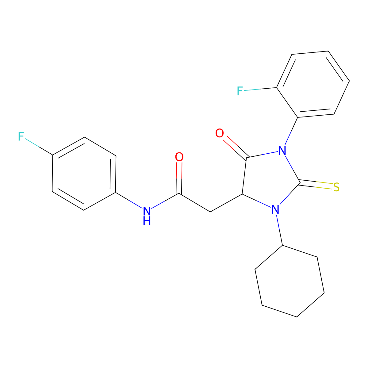 2-[3-cyclohexyl-1-(2-fluorophenyl)-5-oxo-2-sulfanylideneimidazolidin-4-yl]-N-(4-fluorophenyl)acetamide molecular structure, CAS 1023919-44-9