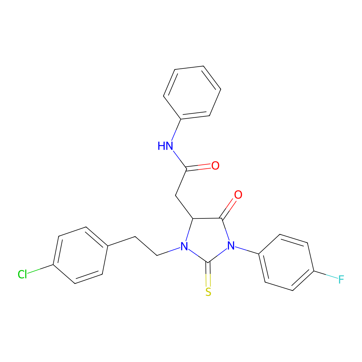 2-{3-[2-(4-chlorophenyl)ethyl]-1-(4-fluorophenyl)-5-oxo-2-thioxoimidazolidin-4-yl}-N-phenylacetamide molecular structure, CAS 1023919-46-1