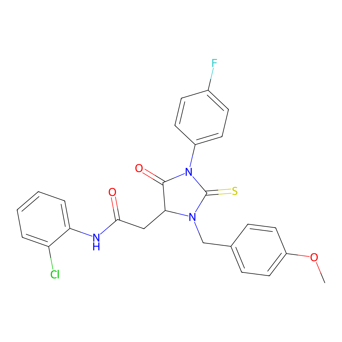 N-(2-chlorophenyl)-2-[1-(4-fluorophenyl)-3-[(4-methoxyphenyl)methyl]-5-oxo-2-sulfanylideneimidazolidin-4-yl]acetamide molecular structure, CAS 1023919-47-2