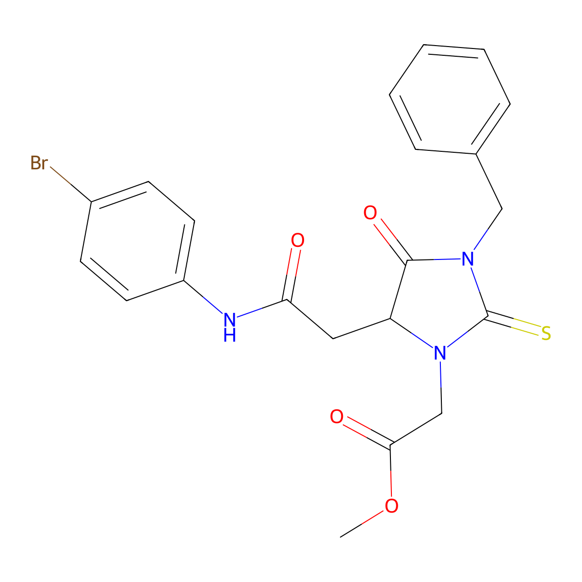 Methyl (3-benzyl-5-{2-[(4-bromophenyl)amino]-2-oxoethyl}-4-oxo-2-thioxo-1-imidazolidinyl)acetate molecular structure, CAS 1023919-74-5
