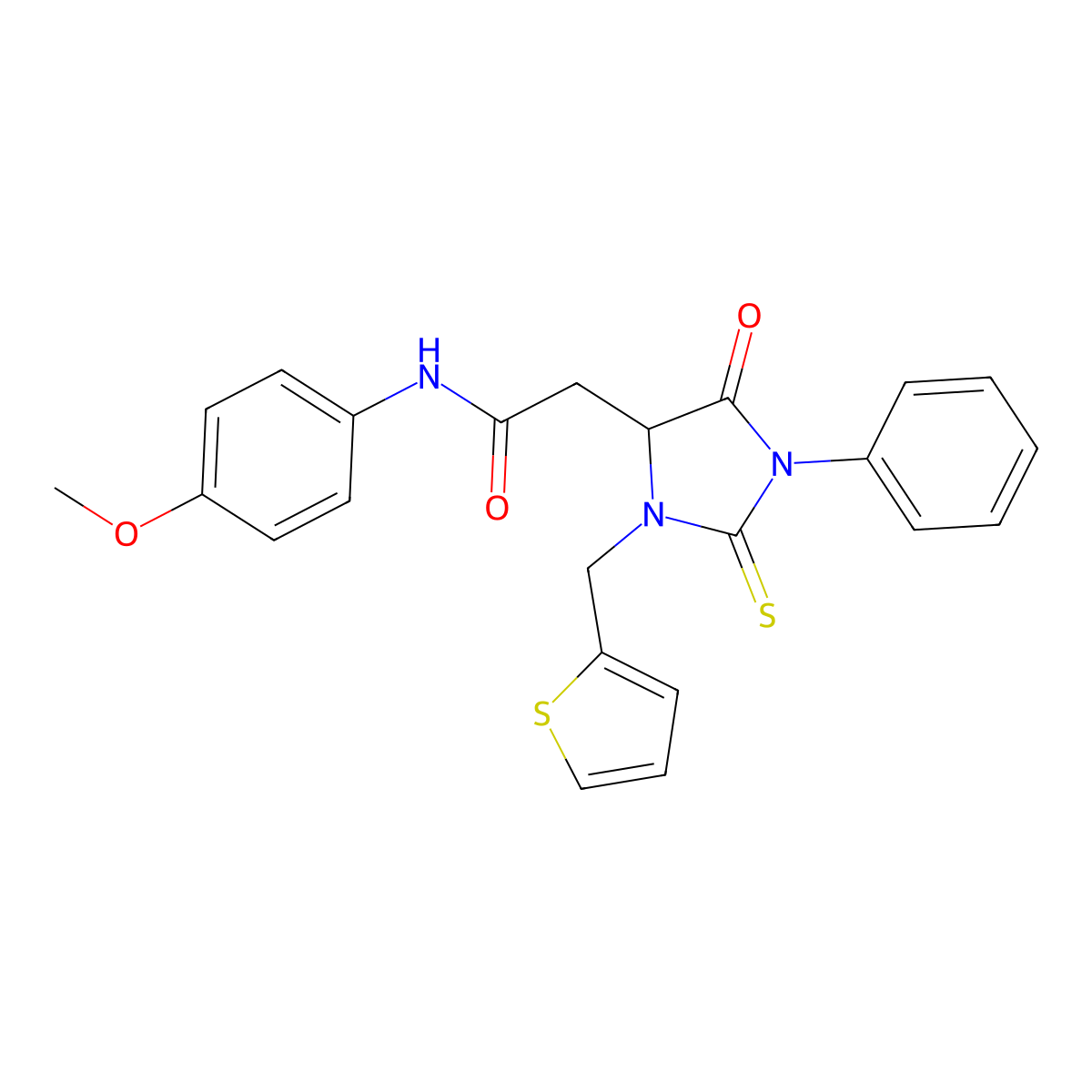 N-(4-methoxyphenyl)-2-[5-oxo-1-phenyl-2-sulfanylidene-3-(thiophen-2-ylmethyl)imidazolidin-4-yl]acetamide molecular structure, CAS 1023920-00-4