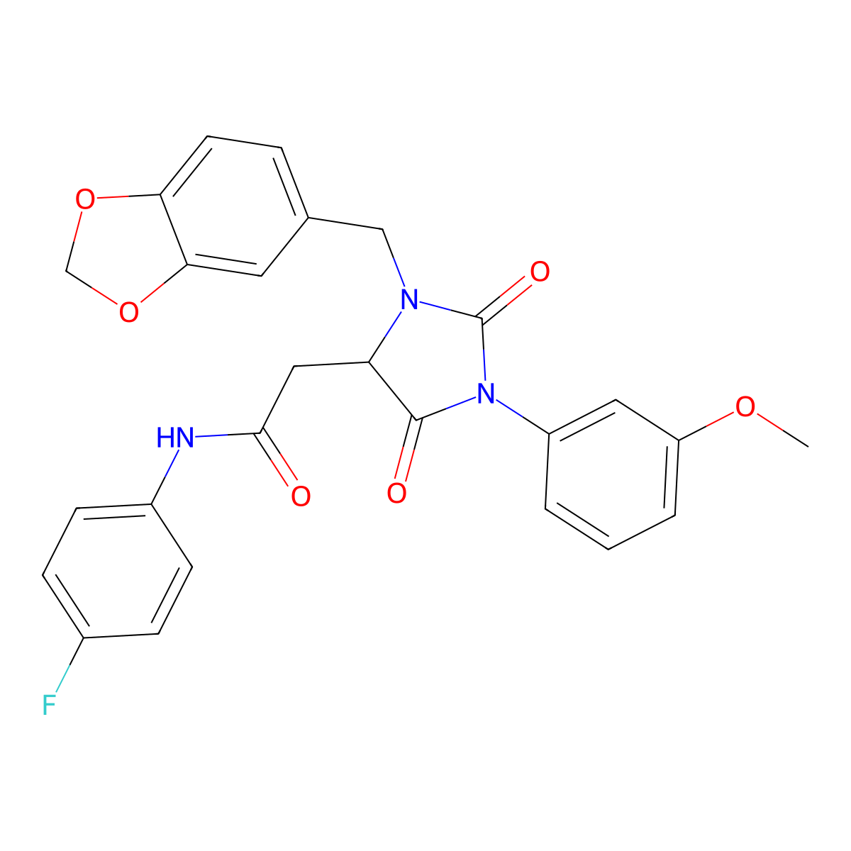 2-[3-(1,3-benzodioxol-5-ylmethyl)-1-(3-methoxyphenyl)-2,5-dioxoimidazolidin-4-yl]-N-(4-fluorophenyl)acetamide molecular structure, CAS 1023970-42-4