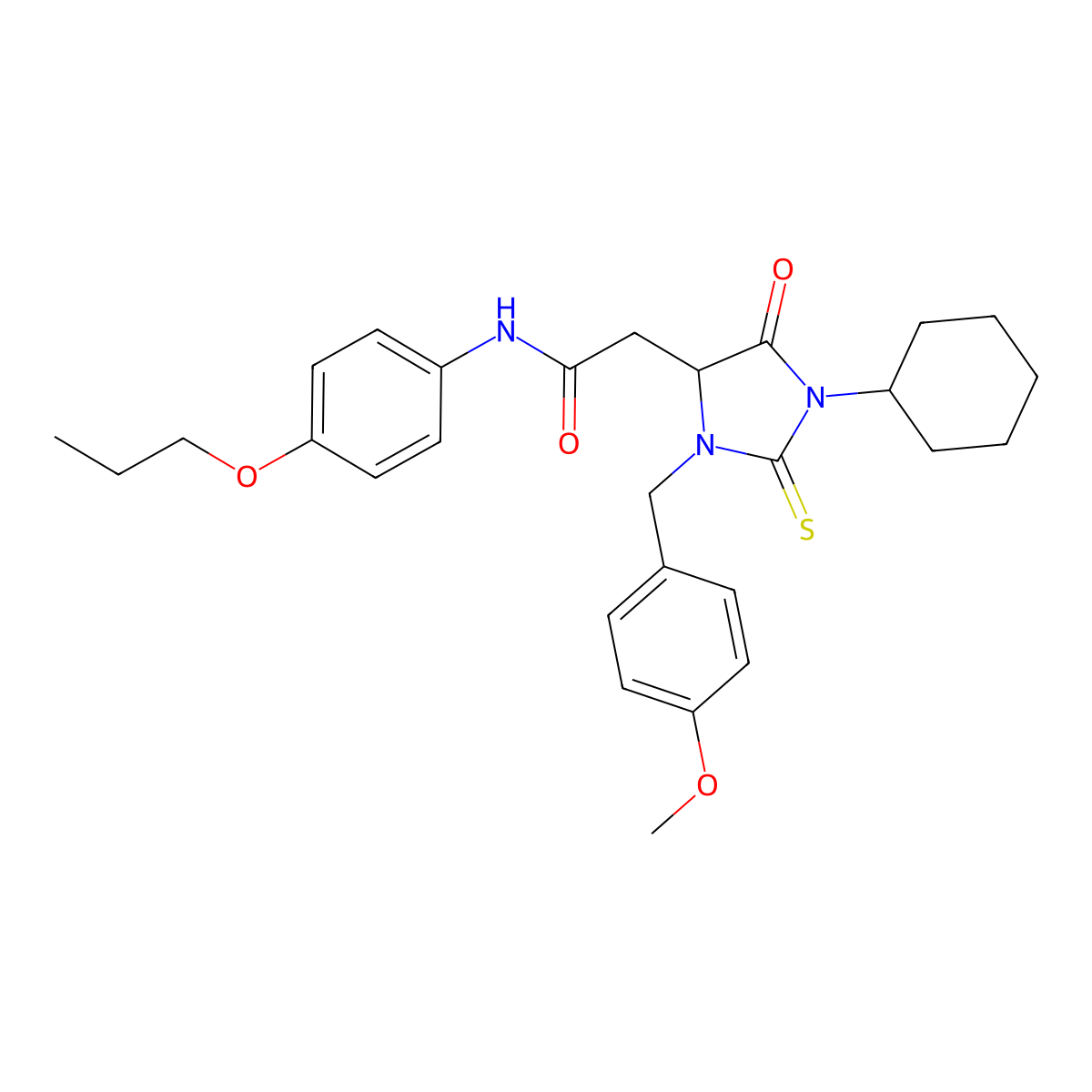 2-[1-cyclohexyl-3-(4-methoxybenzyl)-5-oxo-2-thioxoimidazolidin-4-yl]-N-(4-propoxyphenyl)acetamide molecular structure, CAS 1024013-87-3