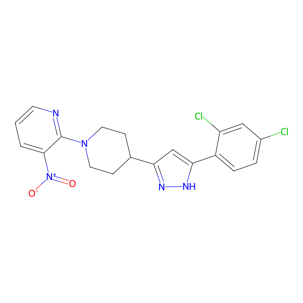 4-[5-(2,4-dichlorophenyl)-1H-pyrazol-3-yl]-1-(3-nitro-2-pyridinyl)piperidine molecular structure, CAS 1024018-46-9