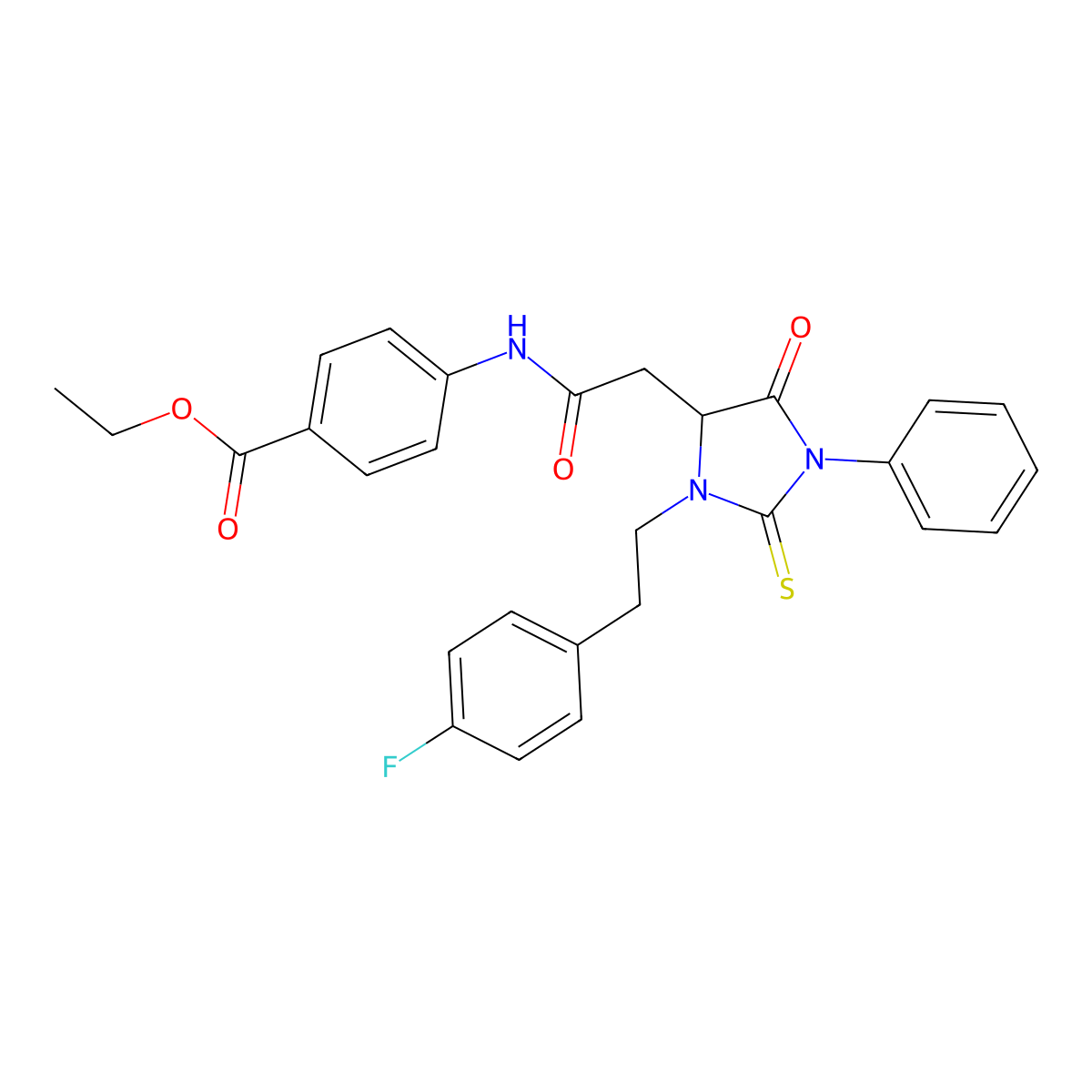 Ethyl 4-({2-[3-(4-fluorophenethyl)-5-oxo-1-phenyl-2-thioxo-4-imidazolidinyl]acetyl}amino)benzoate molecular structure, CAS 1024018-60-7