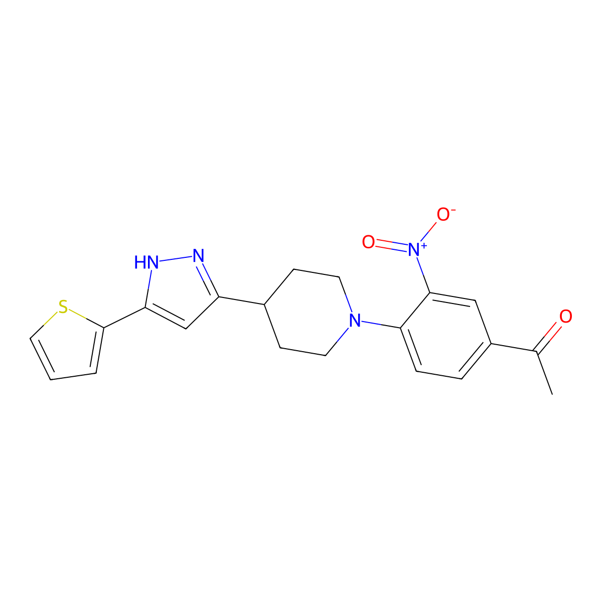 1-(3-nitro-4-{4-[5-(2-thienyl)-1H-pyrazol-3-yl]piperidino}phenyl)-1-ethanone molecular structure, CAS 1024018-70-9