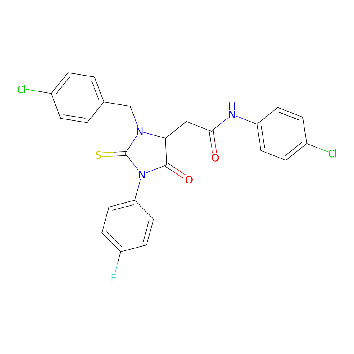 2-[3-(4-chlorobenzyl)-1-(4-fluorophenyl)-5-oxo-2-thioxoimidazolidin-4-yl]-N-(4-chlorophenyl)acetamide molecular structure, CAS 1024018-83-4