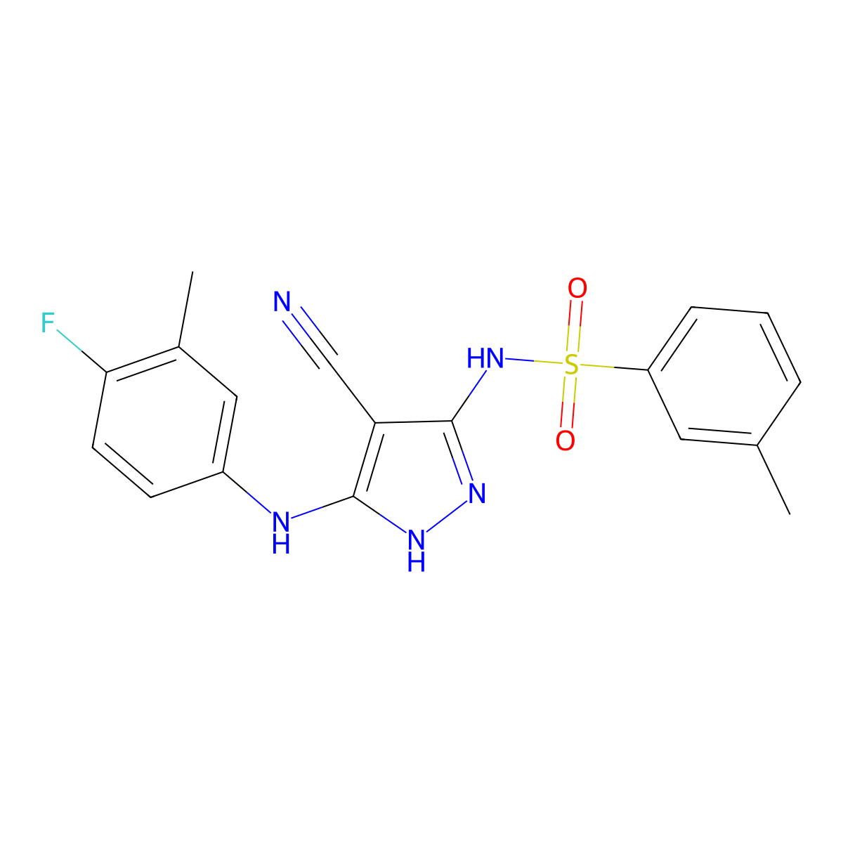 N-[4-cyano-5-(4-fluoro-3-methylanilino)-1H-pyrazol-3-yl]-3-methylbenzenesulfonamide molecular structure, CAS 1024018-93-6