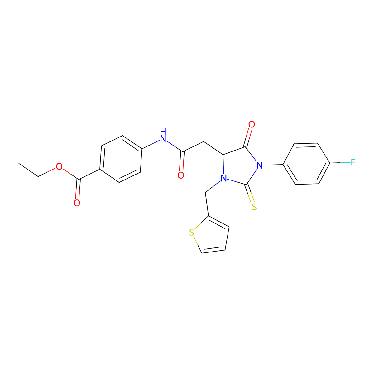 Ethyl 4-({[1-(4-fluorophenyl)-5-oxo-3-(thiophen-2-ylmethyl)-2-thioxoimidazolidin-4-yl]acetyl}amino)benzoate molecular structure, CAS 1024020-86-7