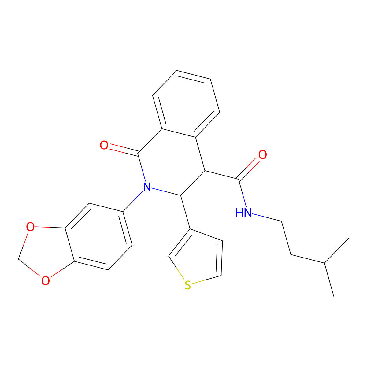 2-(1,3-benzodioxol-5-yl)-N-(3-methylbutyl)-1-oxo-3-thiophen-3-yl-3,4-dihydroisoquinoline-4-carboxamide molecular structure, CAS 1024068-73-2